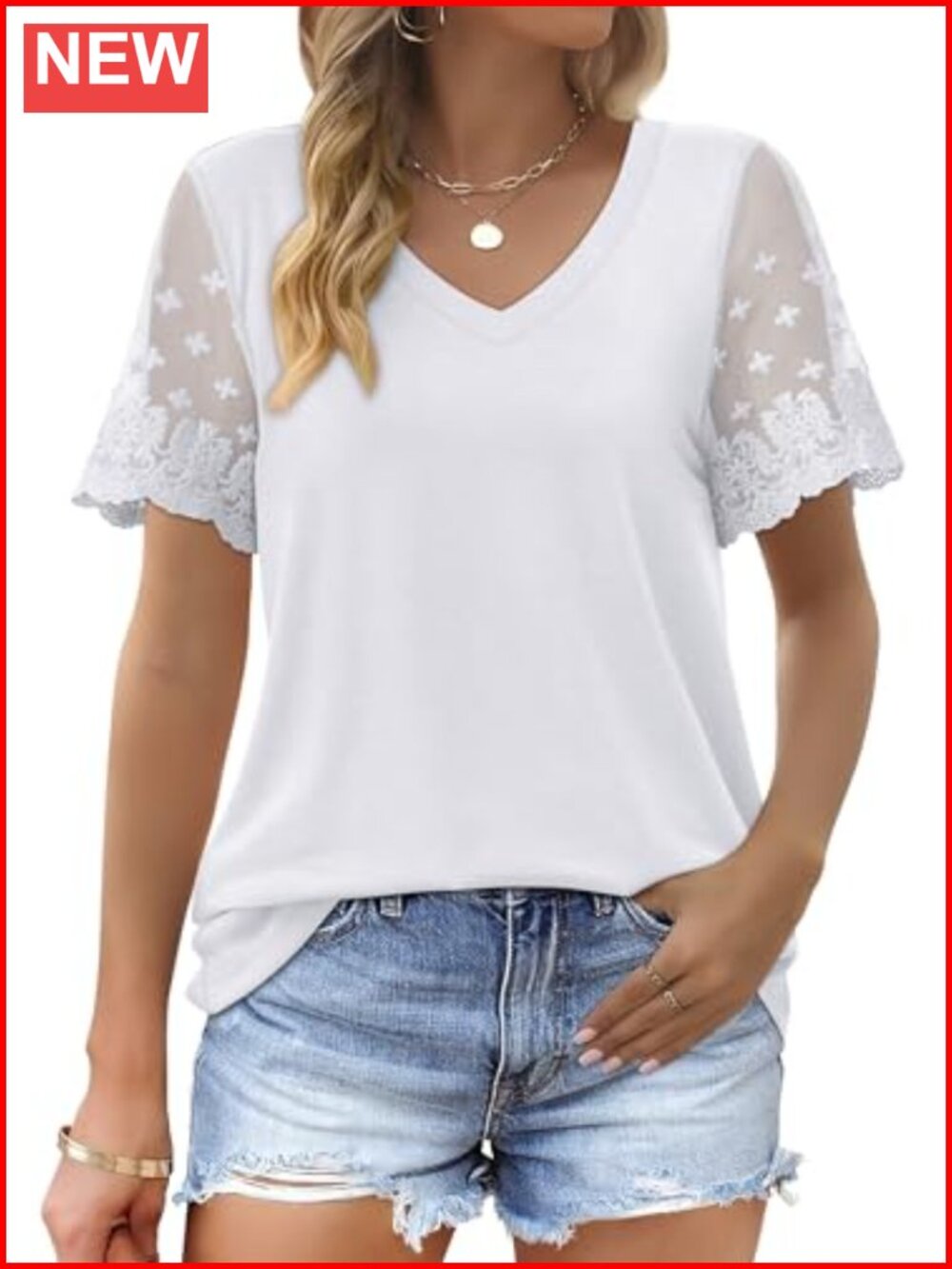 V Neck Lace Sleeve Curved Hem Tee Women Casual Loose Fit